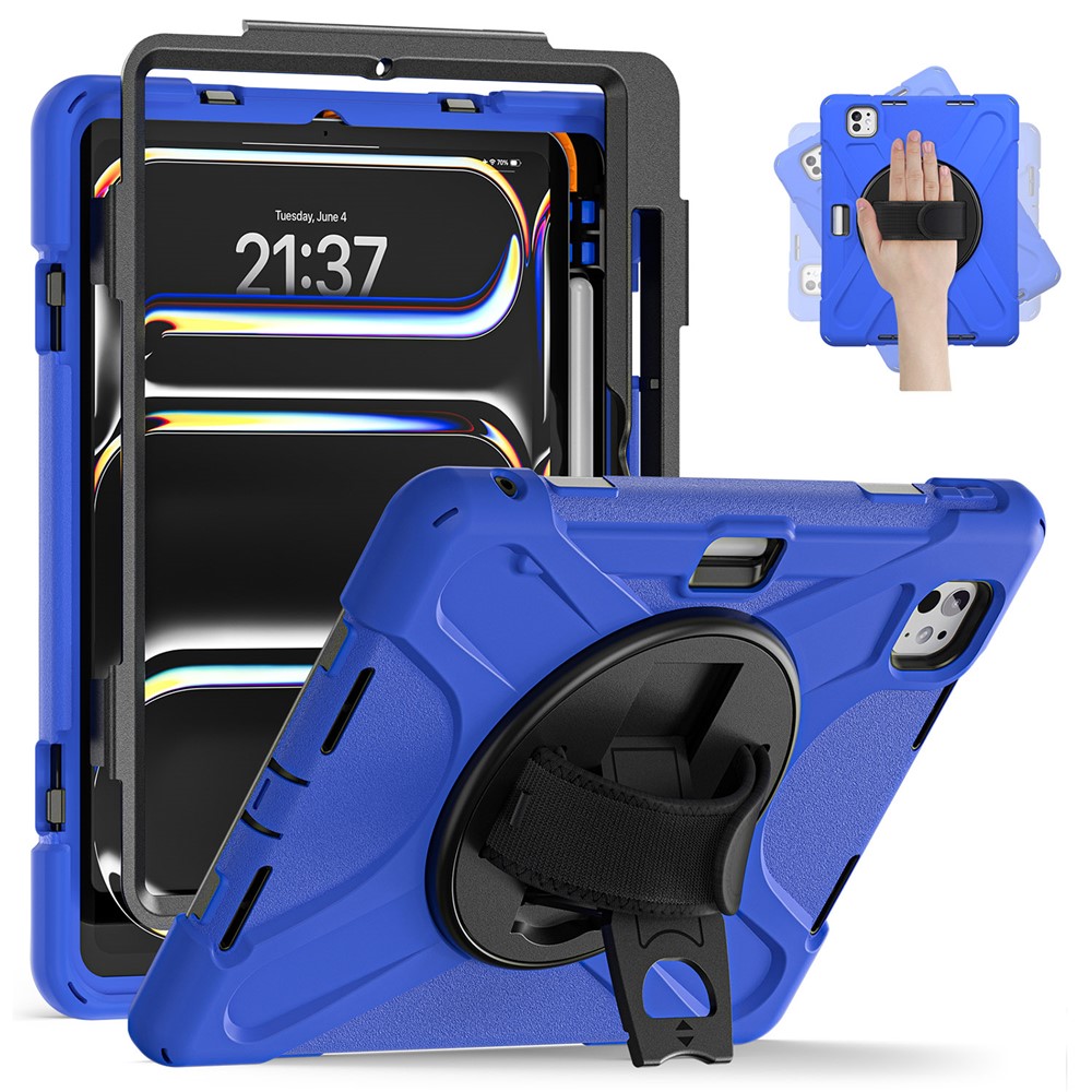 For iPad Pro 11 (2025) / 11 (2024) Case Rotary Kickstand PC+Silicone Hand Strap Tablet Cover - Blue