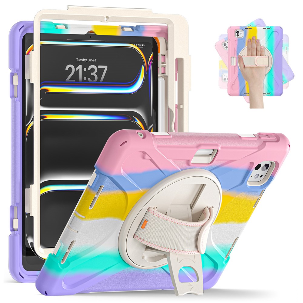 For iPad Pro 11 (2025) / 11 (2024) Case Rotary Kickstand PC+Silicone Hand Strap Tablet Cover - Colorful Pink