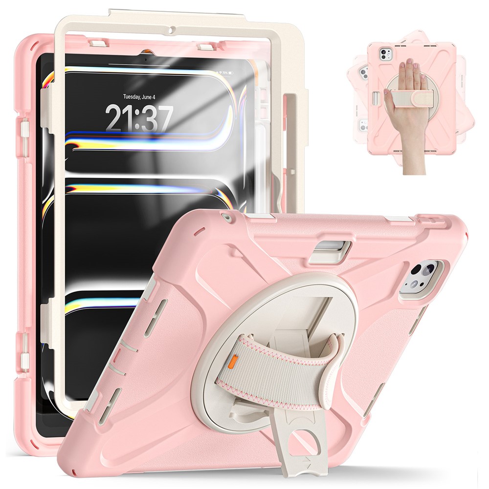 For iPad Pro 11 (2025) / 11 (2024) Case Rotary Kickstand PC+Silicone Hand Strap Tablet Cover - Pink