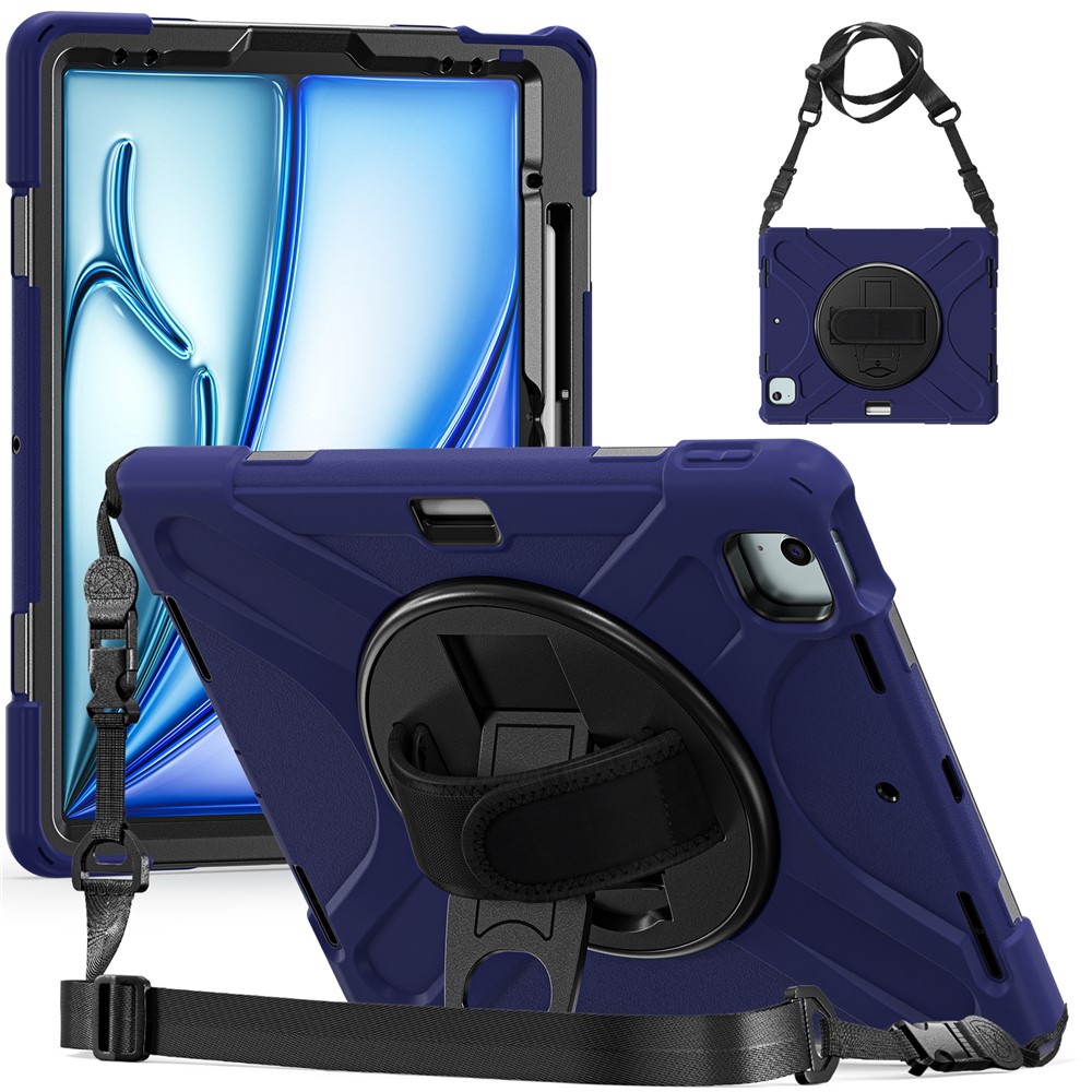 For iPad Air 11 (2025) / (2024) Case with Shoulder Strap TPU+PC+Silicone Kickstand Tablet Cover - Navy Blue