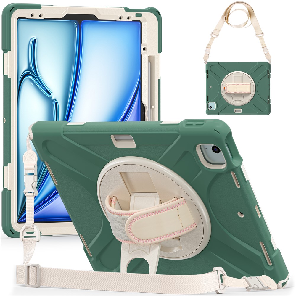 For iPad Air 11 (2025) / (2024) Case with Shoulder Strap TPU+PC+Silicone Kickstand Tablet Cover - Emerald Green