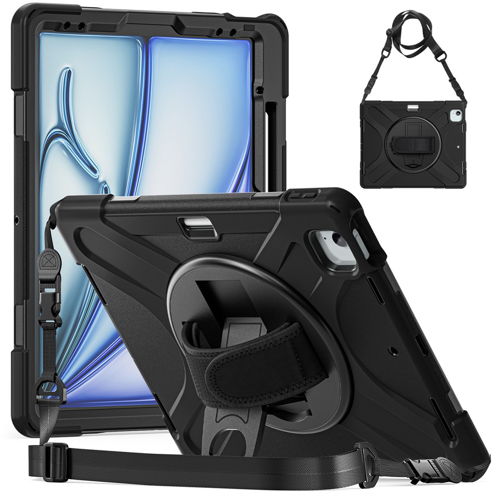For iPad Air 11 (2025) / (2024) Case with Shoulder Strap TPU+PC+Silicone Kickstand Tablet Cover - Black