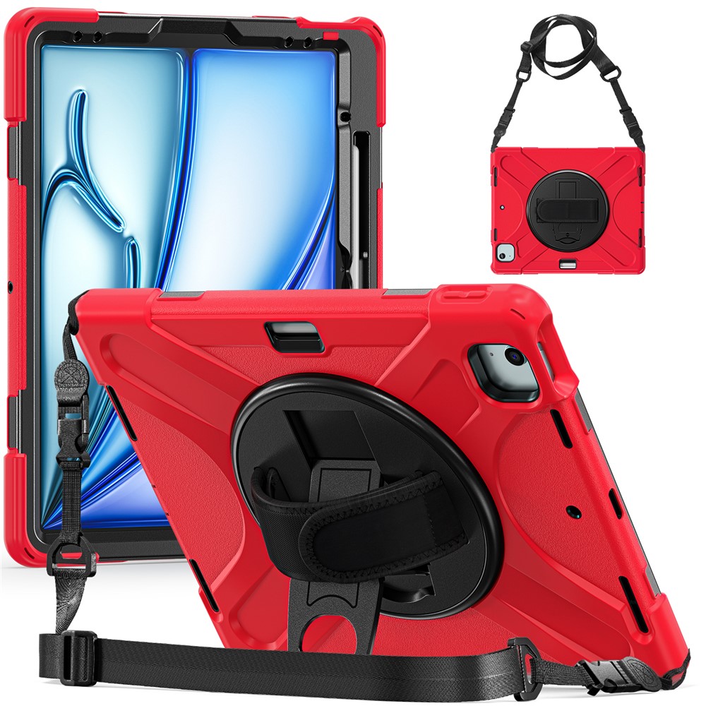 For iPad Air 11 (2025) / (2024) Case with Shoulder Strap TPU+PC+Silicone Kickstand Tablet Cover - Red