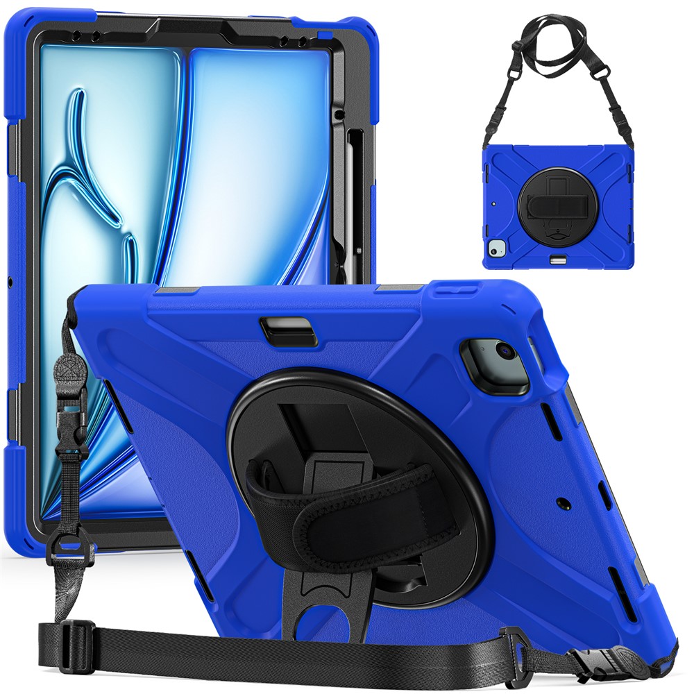 For iPad Air 11 (2025) / (2024) Case with Shoulder Strap TPU+PC+Silicone Kickstand Tablet Cover - Blue