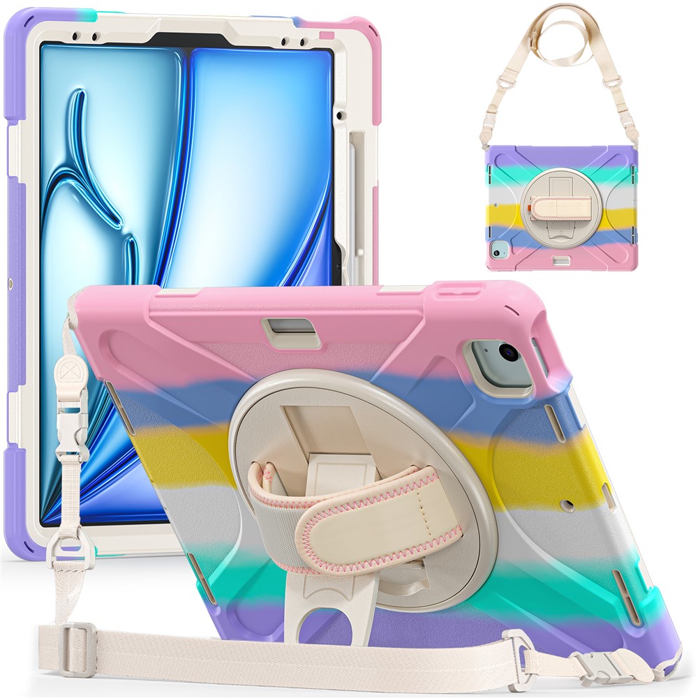 For iPad Air 11 (2025) / (2024) Case with Shoulder Strap TPU+PC+Silicone Kickstand Tablet Cover - Colorful Pink