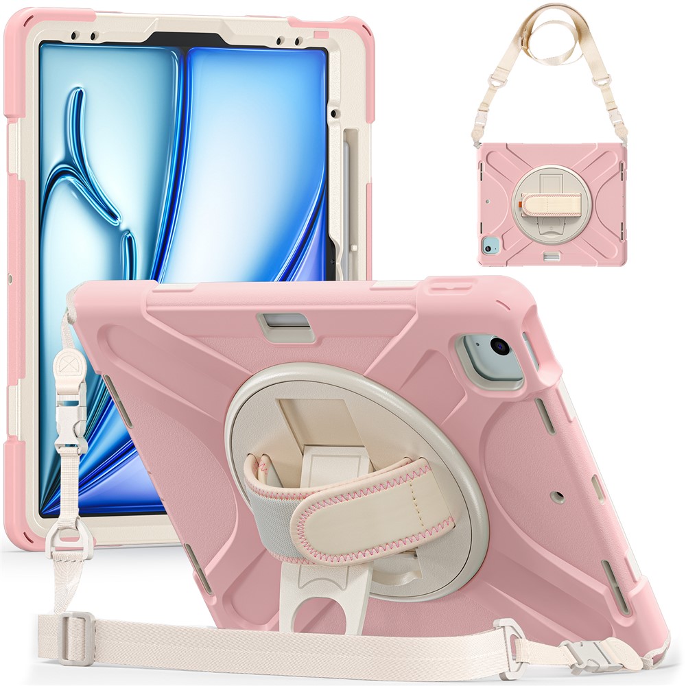 For iPad Air 11 (2025) / (2024) Case with Shoulder Strap TPU+PC+Silicone Kickstand Tablet Cover - Pink