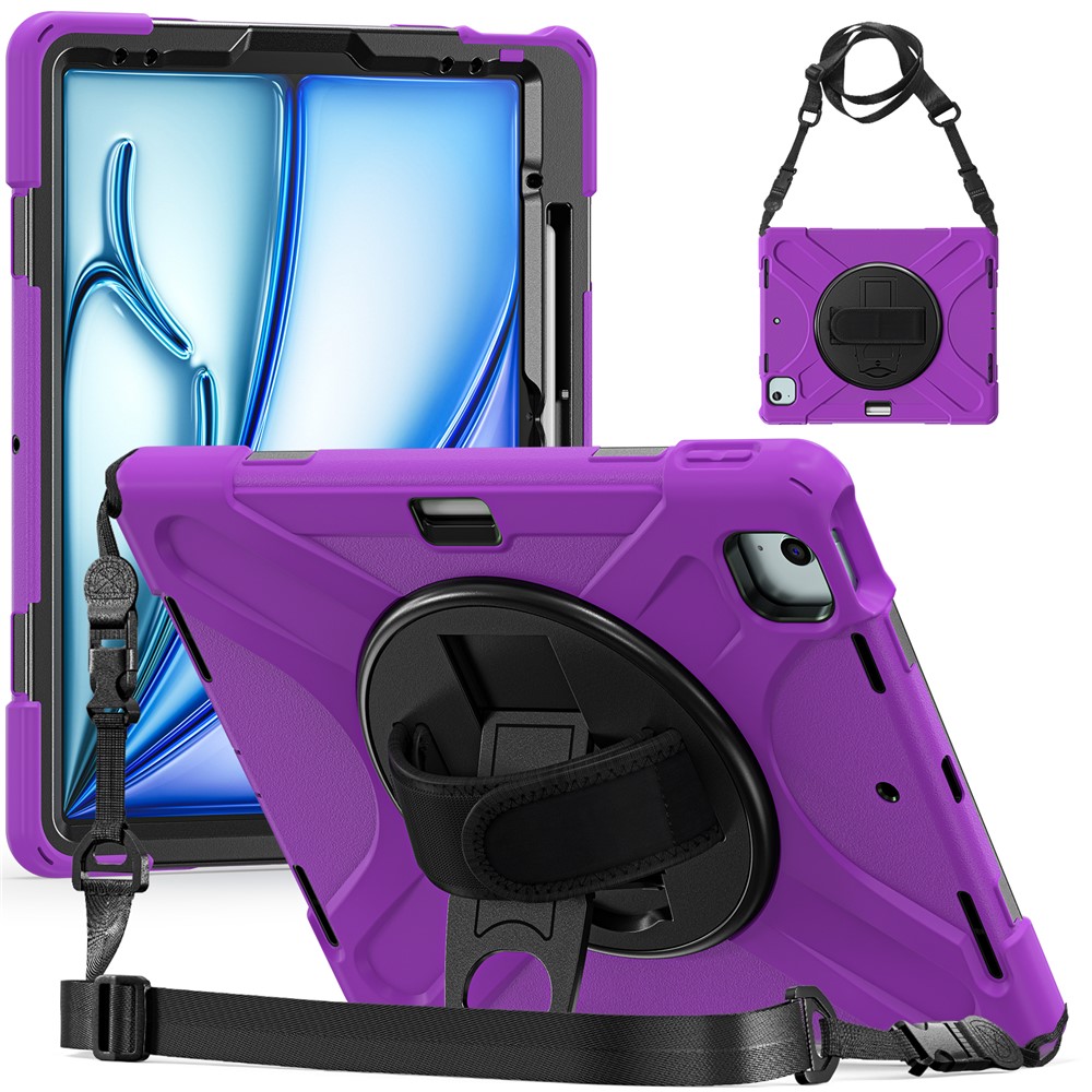 For iPad Air 11 (2025) / (2024) Case with Shoulder Strap TPU+PC+Silicone Kickstand Tablet Cover - Purple