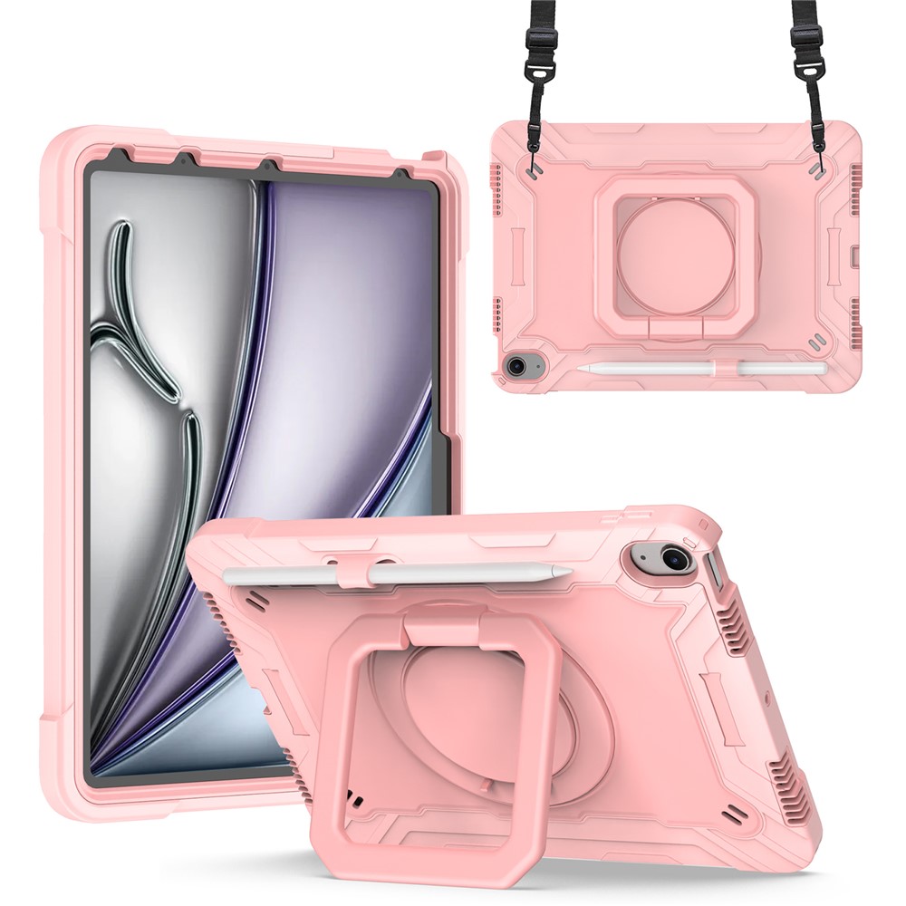For iPad Air 11 (2025) / (2024) Case with Shoulder Strap PC+Silicone Hand Grip Kickstand Tablet Cover - Rose Gold