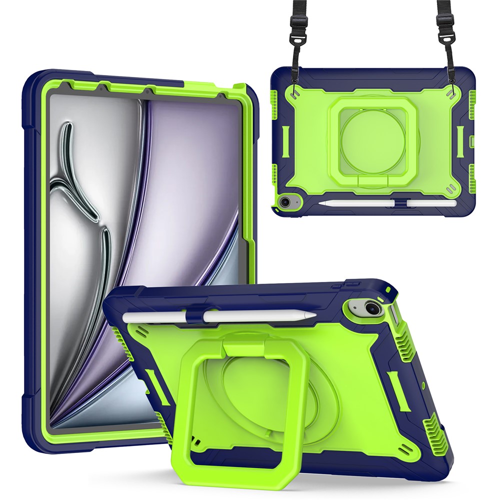 For iPad Air 11 (2025) / (2024) Case with Shoulder Strap PC+Silicone Hand Grip Kickstand Tablet Cover - Navy Blue+Yellow Green