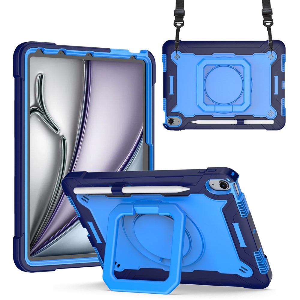 For iPad Air 11 (2025) / (2024) Case with Shoulder Strap PC+Silicone Hand Grip Kickstand Tablet Cover - Navy Blue+Blue