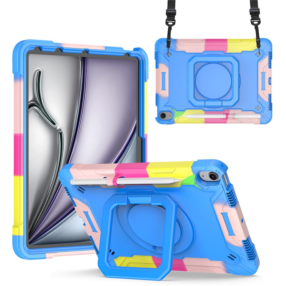For iPad Air 11 (2025) / (2024) Case with Shoulder Strap PC+Silicone Hand Grip Kickstand Tablet Cover - Camouflage+Blue