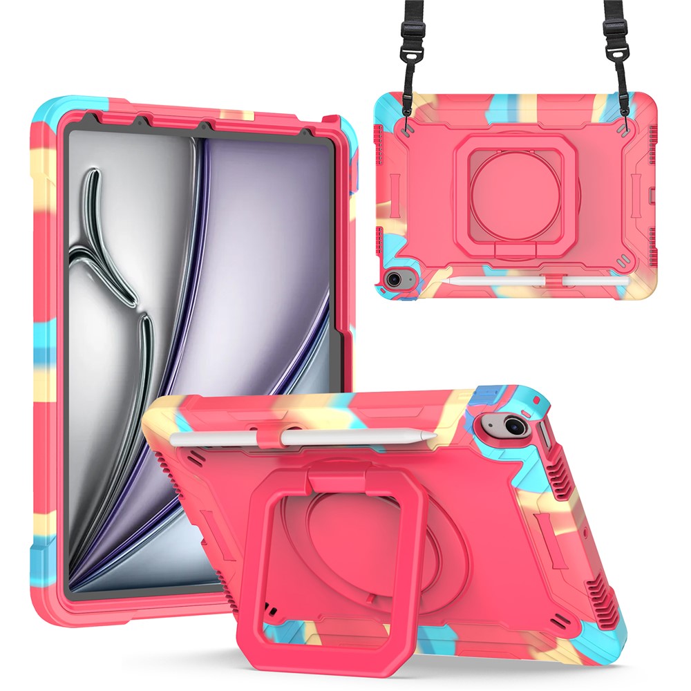 For iPad Air 11 (2025) / (2024) Case with Shoulder Strap PC+Silicone Hand Grip Kickstand Tablet Cover - Camouflage+Rose