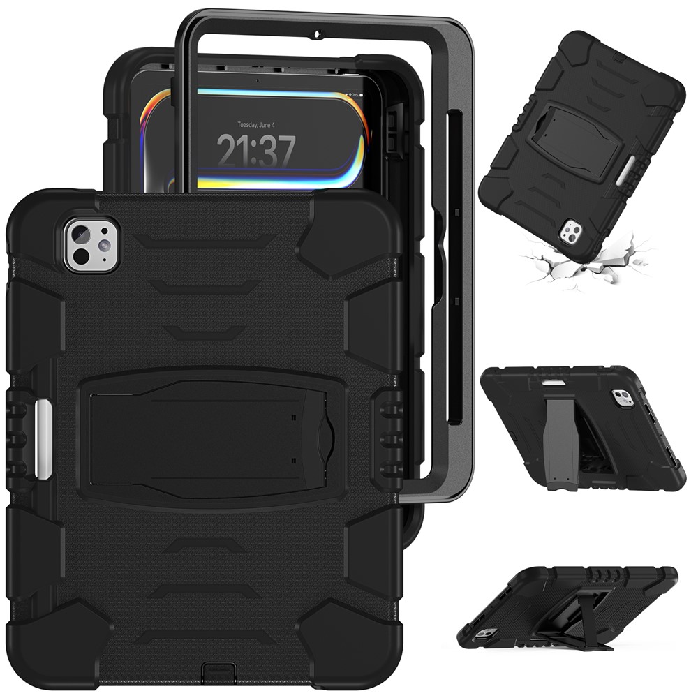 For iPad Pro 11 (2025) / 11 (2024) Case PC+Silicone Tablet Cover with Kickstand - Black+Black