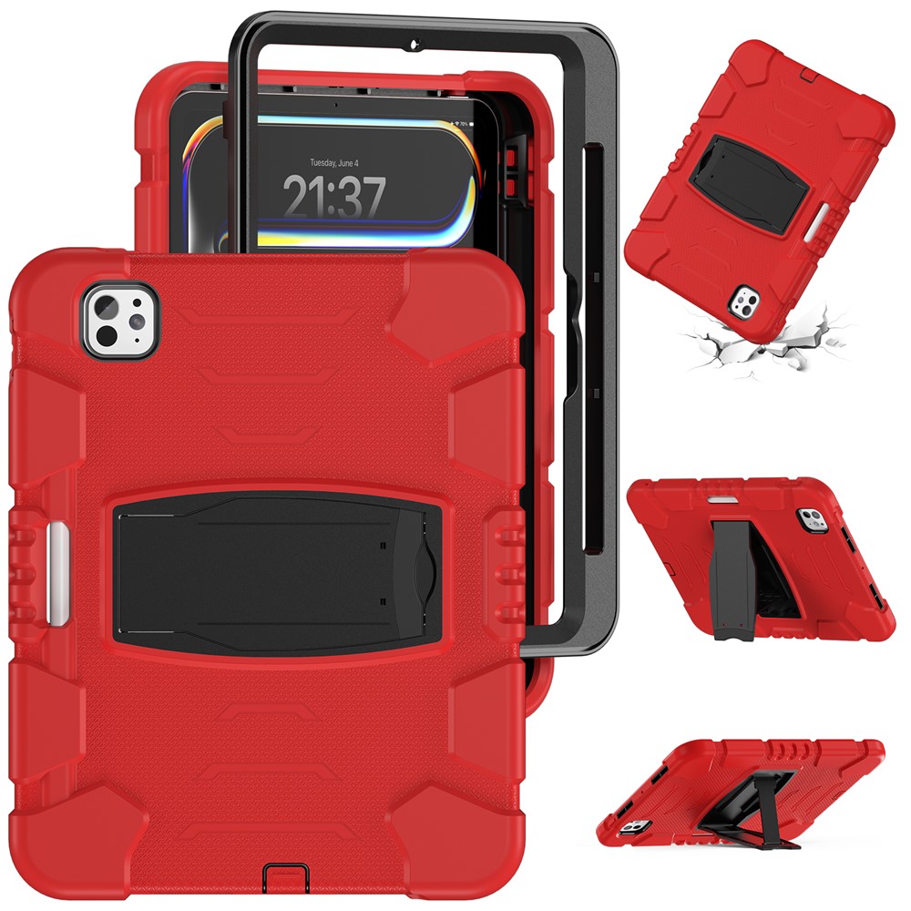 For iPad Pro 11 (2025) / 11 (2024) Case PC+Silicone Tablet Cover with Kickstand - Red+Black