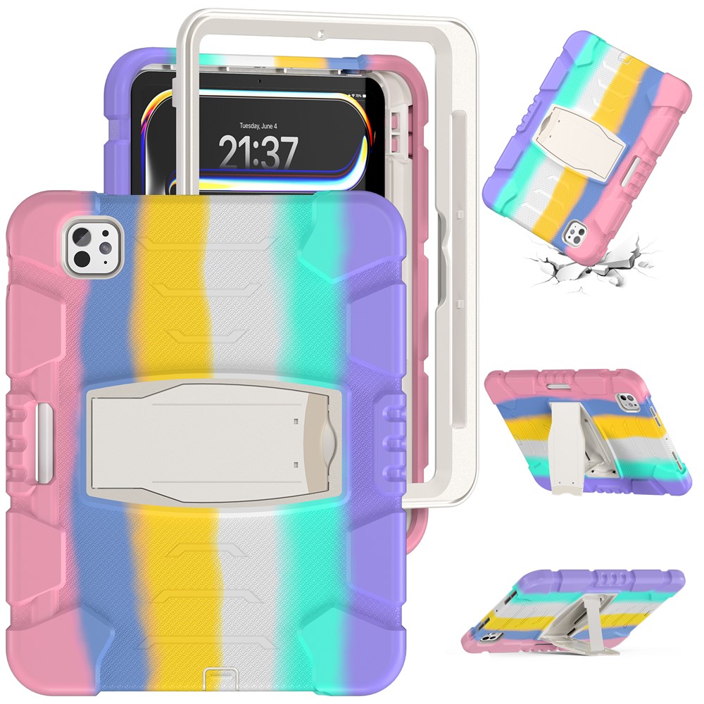 For iPad Pro 11 (2025) / 11 (2024) Case PC+Silicone Tablet Cover with Kickstand - Colorful Pink