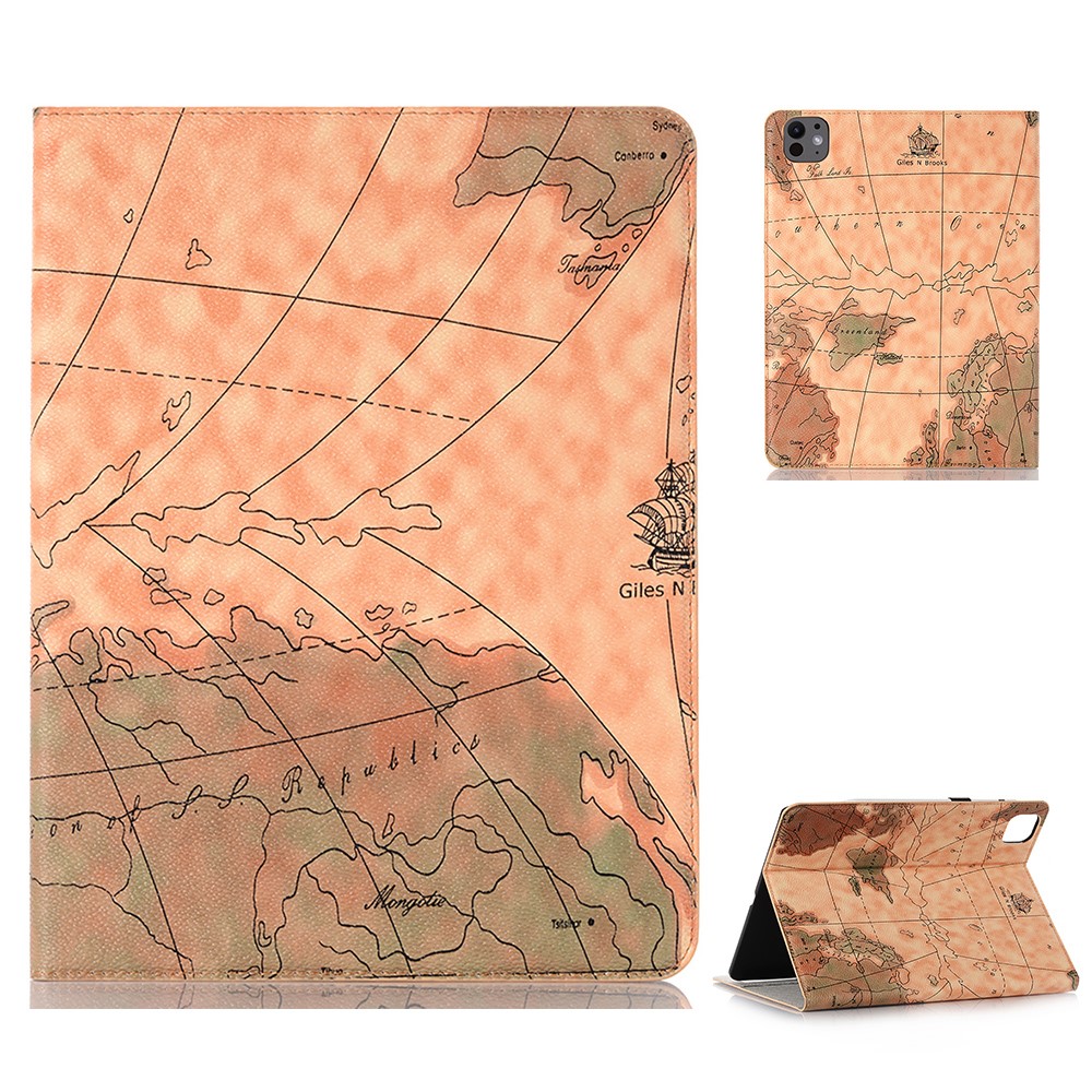For iPad Pro 13 (2025) / 13 (2024) Case Wallet Map Pattern PU Leather Folio Tablet Cover Auto Wake / Sleep - Brown