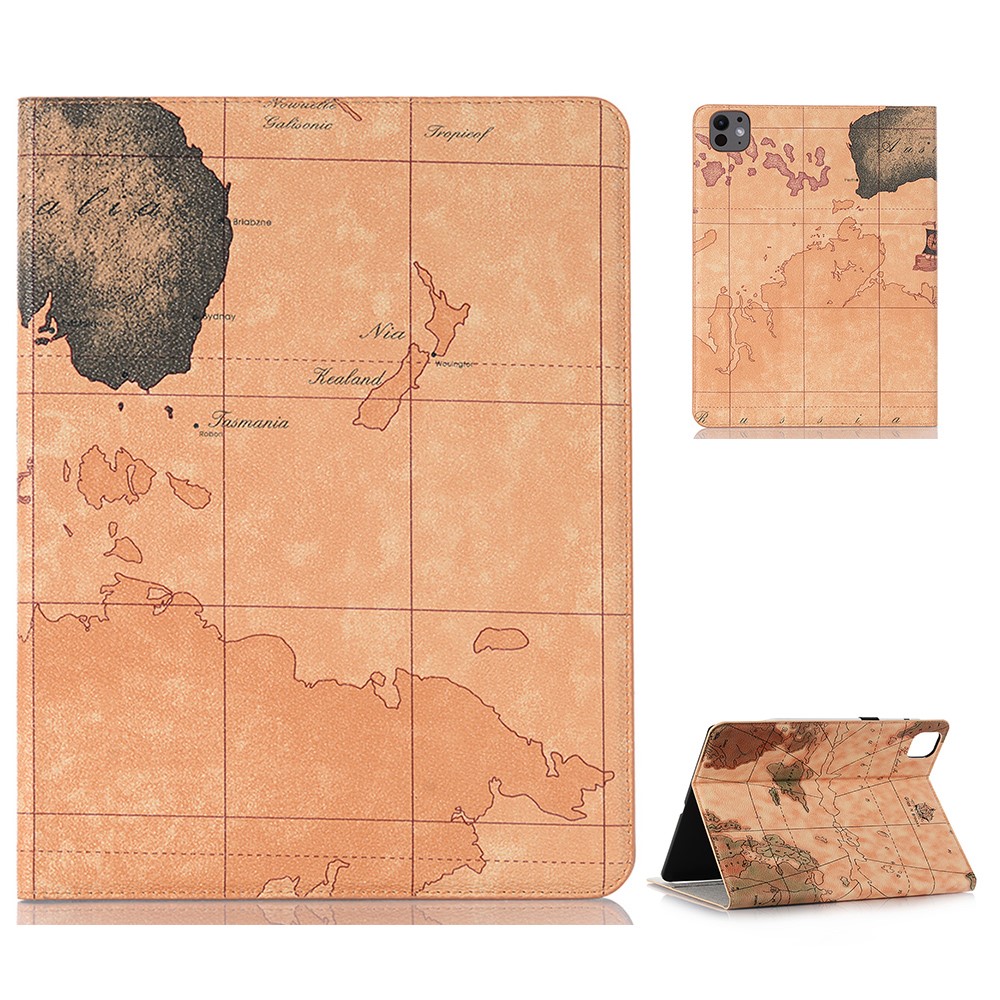 For iPad Pro 13 (2025) / 13 (2024) Case Wallet Map Pattern PU Leather Folio Tablet Cover Auto Wake / Sleep - Yellow