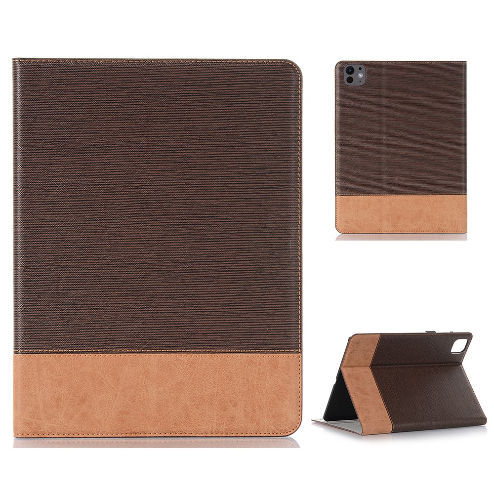 For iPad Pro 11 (2025) / 11 (2024) Case Auto Wake / Sleep PU Leather Tablet Cover Cross Texture Splicing - Dark Brown
