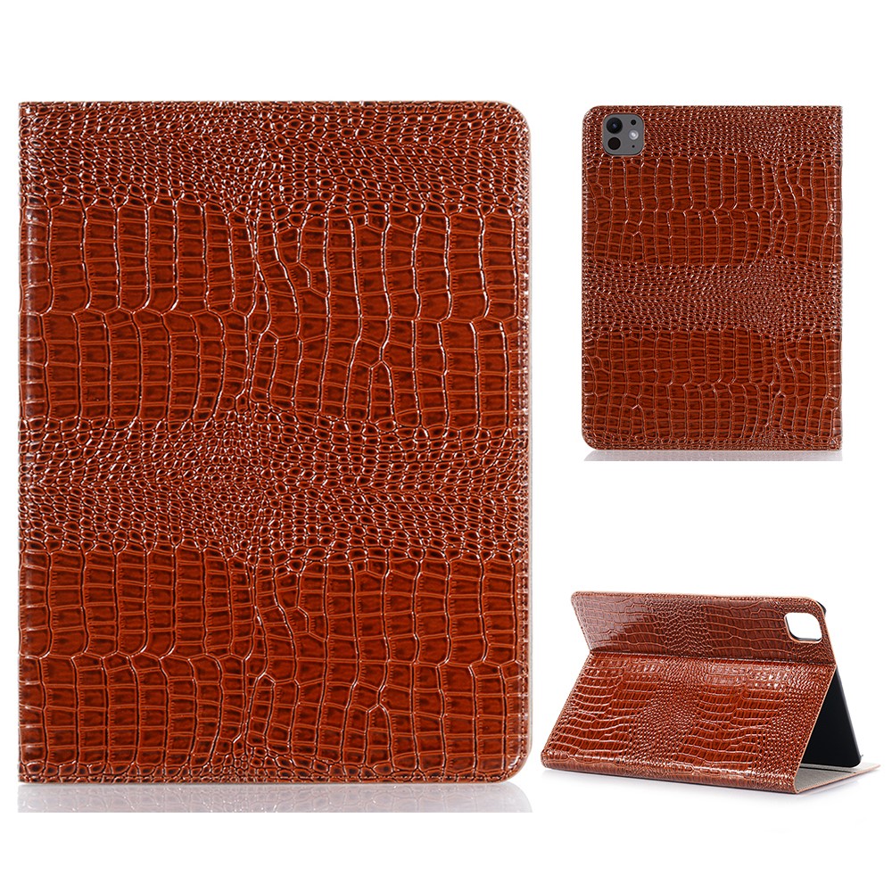For iPad Pro 11 (2025) / 11 (2024) Case PU Leather Crocodile Texture Tablet Cover Auto Wake / Sleep - Brown