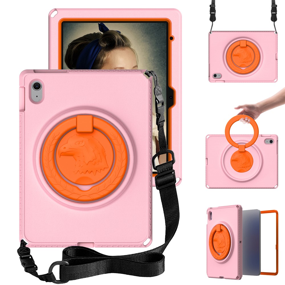 For iPad (2025) / 10.9 (2022) / Air 11 (2025) / (2024) Case Eagle Pattern Rotating Kickstand Tablet Cover with Shoulder Strap - Pink