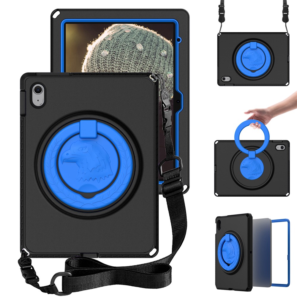 For iPad (2025) / 10.9 (2022) / Air 11 (2025) / (2024) Case Eagle Pattern Rotating Kickstand Tablet Cover with Shoulder Strap - Black