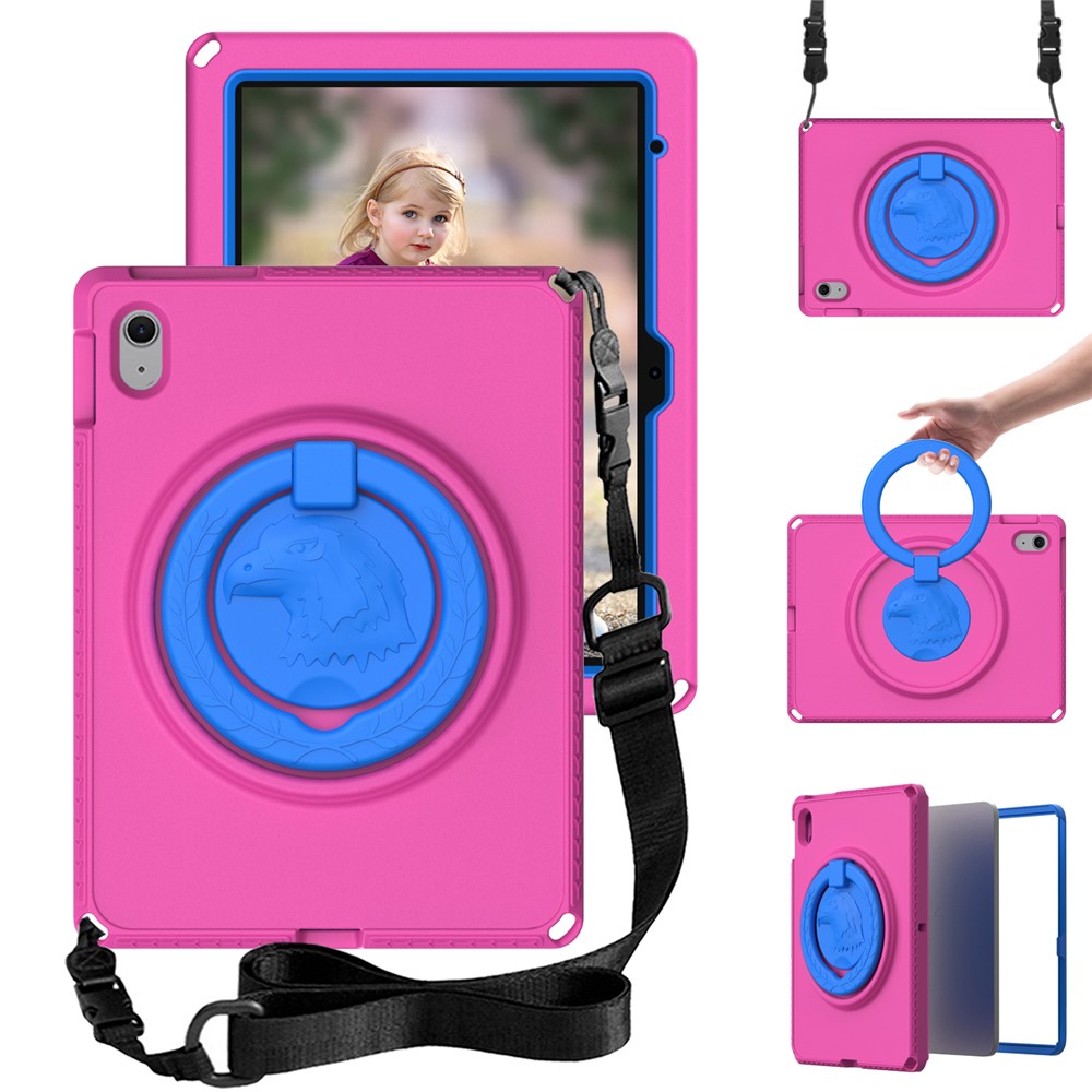 For iPad (2025) / 10.9 (2022) / Air 11 (2025) / (2024) Case Eagle Pattern Rotating Kickstand Tablet Cover with Shoulder Strap - Rose