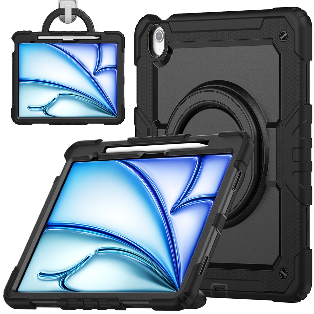 For iPad Air 13 (2025) / (2024) Case PC+Silicone Tablet Cover with Kickstand, Strap - Black