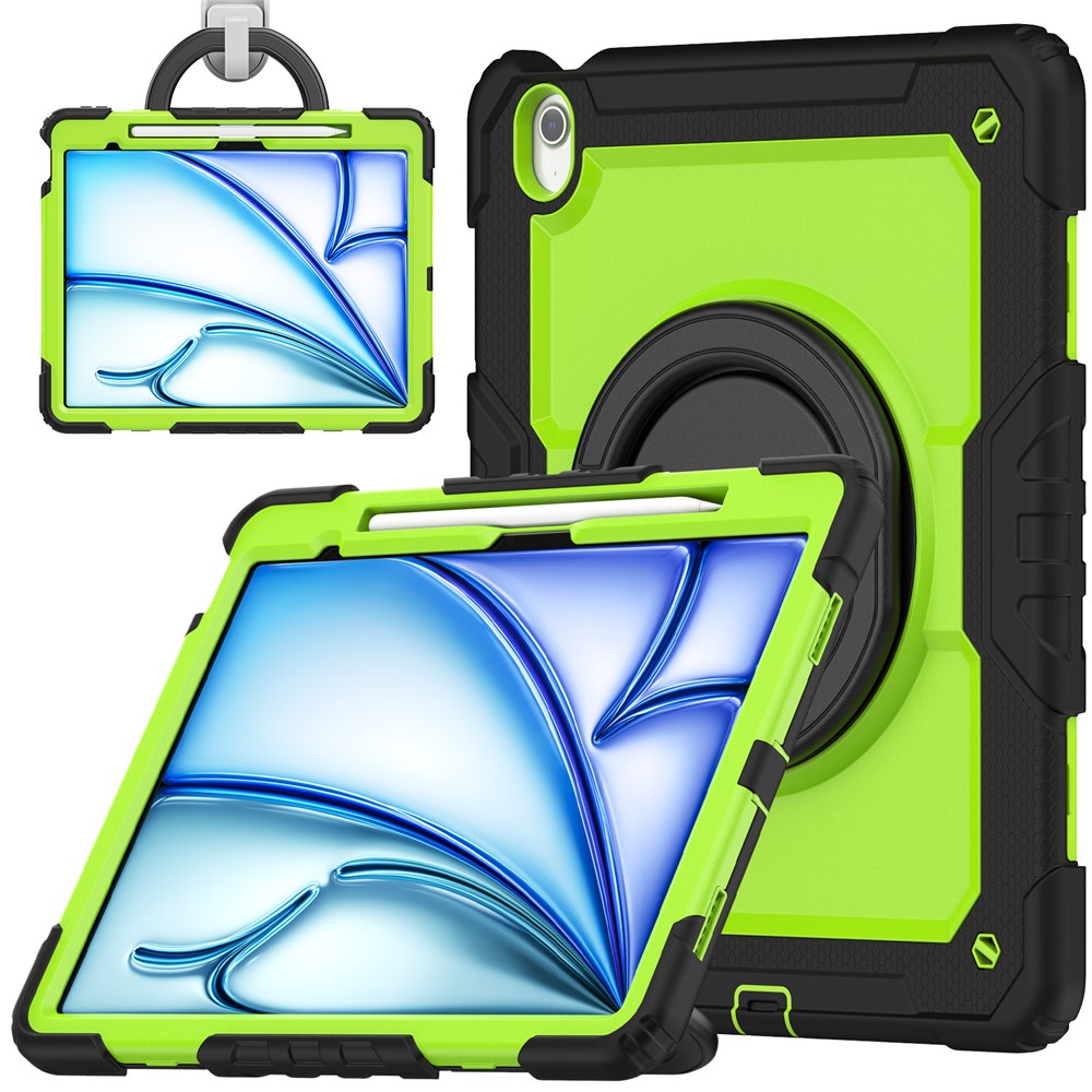 For iPad Air 13 (2025) / (2024) Case PC+Silicone Tablet Cover with Kickstand, Strap - Yellowgreen / Black