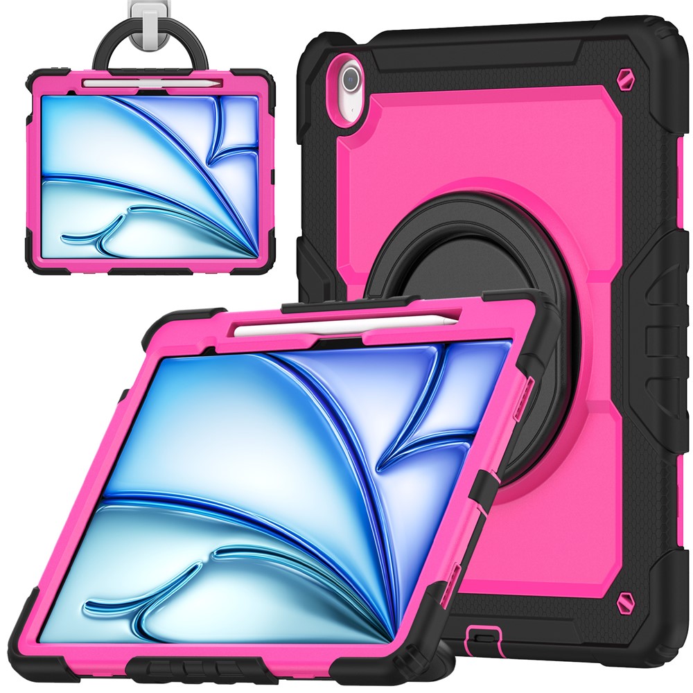 For iPad Air 13 (2025) / (2024) Case PC+Silicone Tablet Cover with Kickstand, Strap - Rose / Black