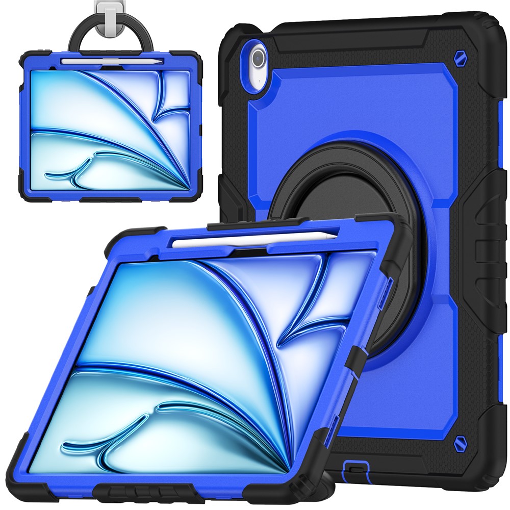 For iPad Air 13 (2025) / (2024) Case PC+Silicone Tablet Cover with Kickstand, Strap - Dark Blue / Black