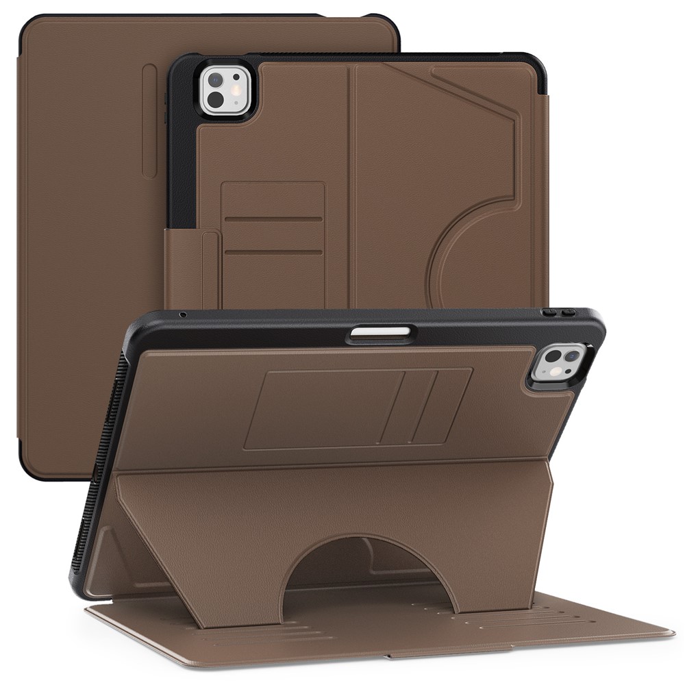 For iPad Pro 13 (2025) / 13 (2024) Shockproof Case PC+TPU+PU U-Shape Stand Tablet Cover with Card Slots - Brown