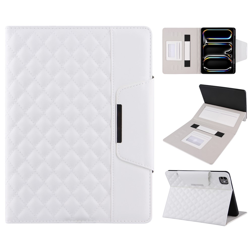 For iPad Pro 11 (2025) / 11 (2024) Case Grids Leather Tablet Cover Auto Wake / Sleep Card Holder - White