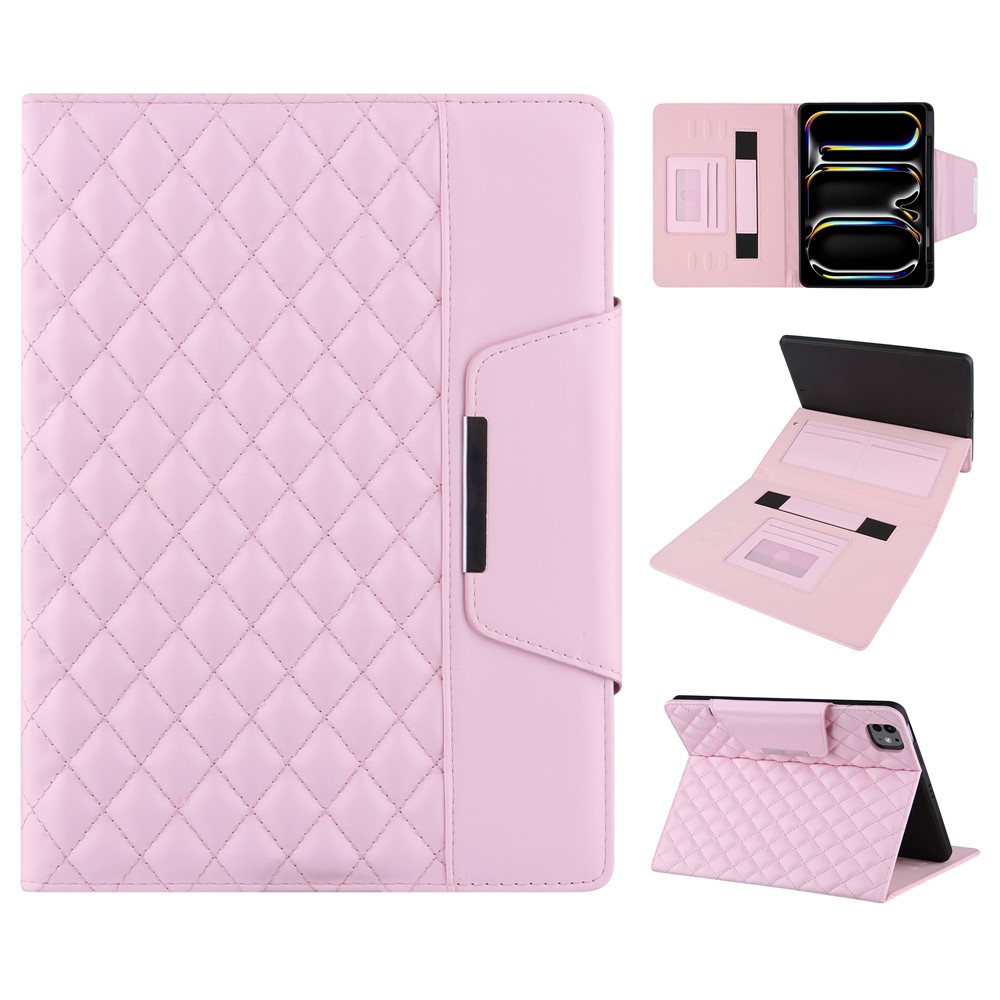 For iPad Pro 11 (2025) / 11 (2024) Case Grids Leather Tablet Cover Auto Wake / Sleep Card Holder - Pink