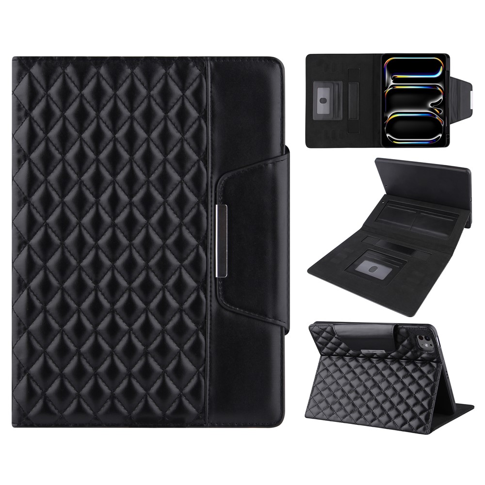 For iPad Pro 11 (2025) / 11 (2024) Case Grids Leather Tablet Cover Auto Wake / Sleep Card Holder - Black