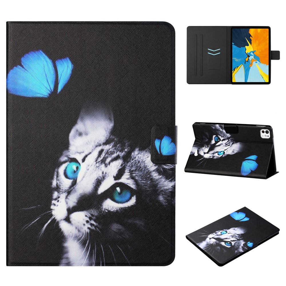 For iPad Pro 11 (2025) / 11 (2024) Leather Case Card Holder Pattern Printing Anti-drop Tablet Cover - Butterfly and Cat