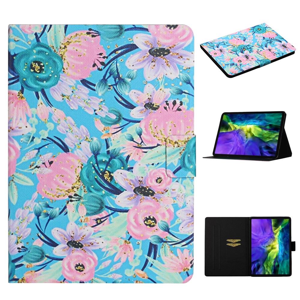 For iPad Pro 11 (2025) / 11 (2024) PU Leather Cover Pattern Printing Tablet Stand Case with Card Slots - Pink Flowers