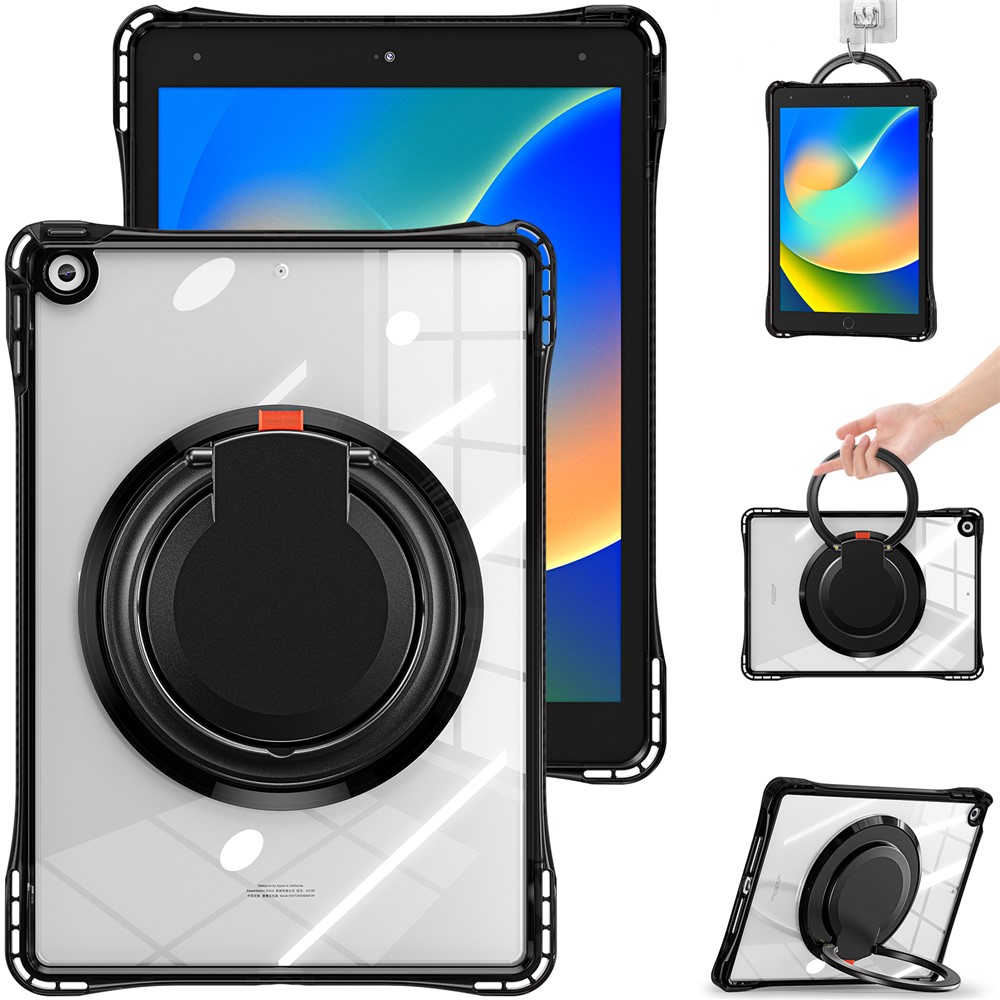 For iPad 10.2 (2021) / (2020) / (2019) Case Rotary Hand Grip Kickstand PC+TPU+Acrylic Tablet Cover - Black