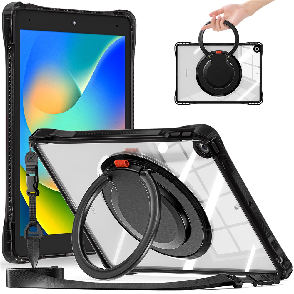 For iPad 10.2 (2021) / (2020) / (2019) Case with Shoulder Strap Rotary Kickstand PC+TPU+Acrylic Cover - Black