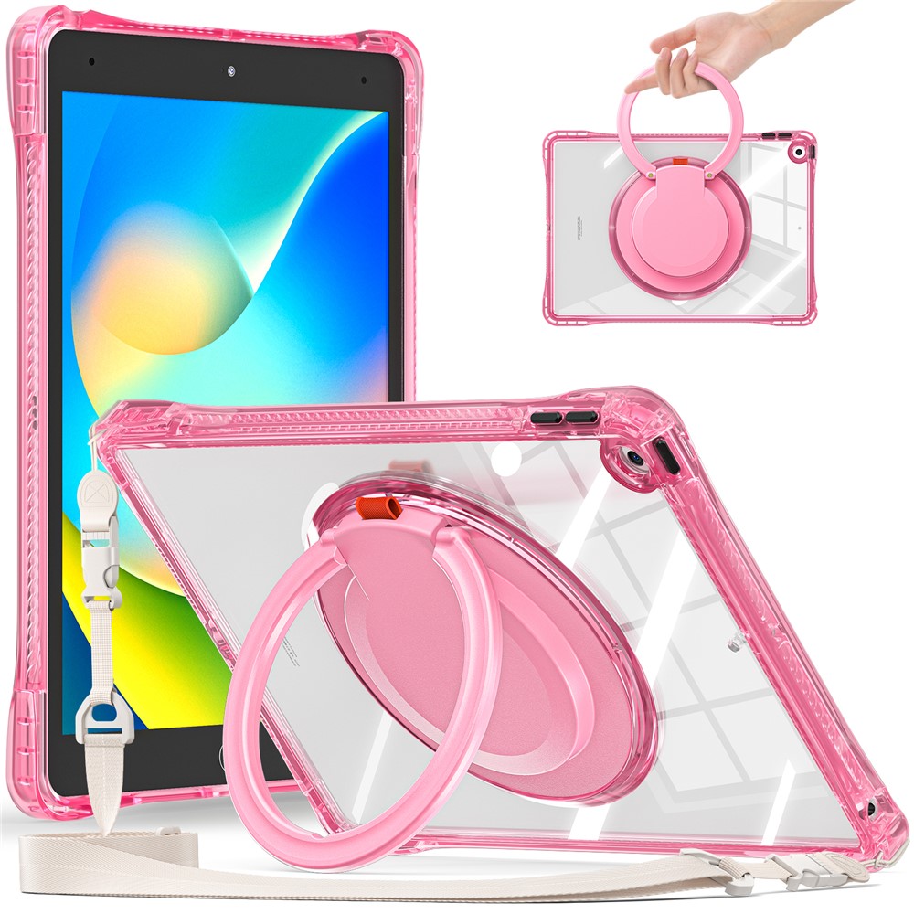 For iPad 10.2 (2021) / (2020) / (2019) Case with Shoulder Strap Rotary Kickstand PC+TPU+Acrylic Cover - Rose