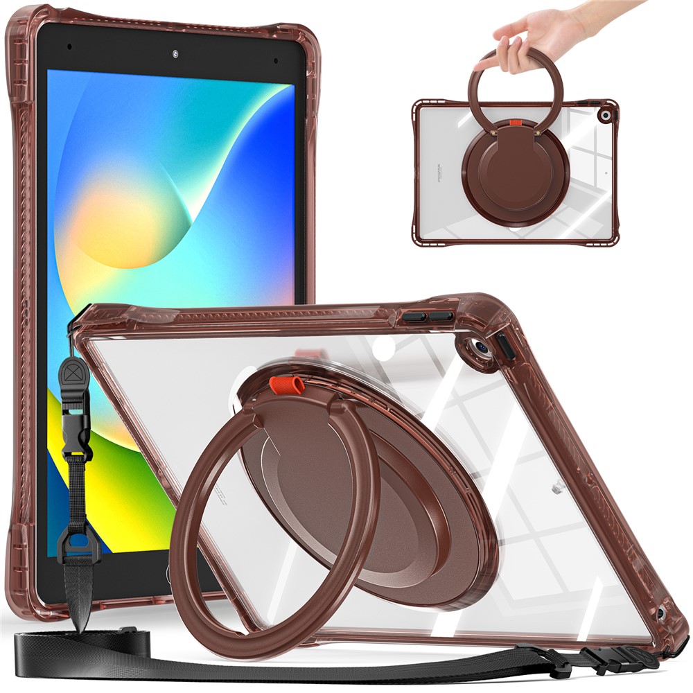 For iPad 10.2 (2021) / (2020) / (2019) Case with Shoulder Strap Rotary Kickstand PC+TPU+Acrylic Cover - Chocolate
