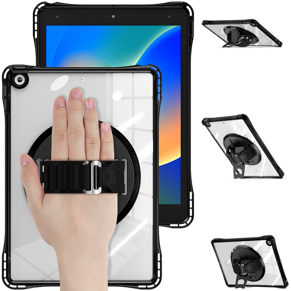 For iPad 10.2 (2021) / (2020) Case Hand Strap Kickstand PC+TPU+Acrylic Clear Tablet Cover - Black