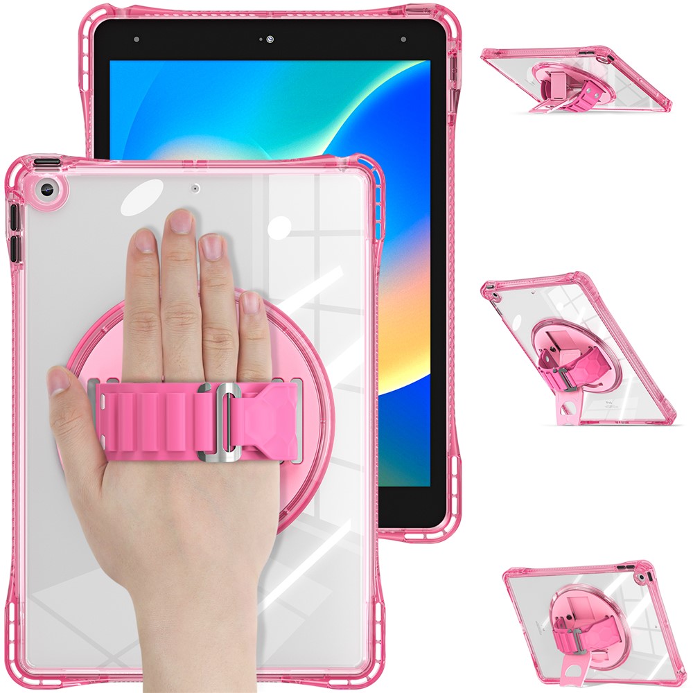 For iPad 10.2 (2021) / (2020) Case Hand Strap Kickstand PC+TPU+Acrylic Clear Tablet Cover - Rose