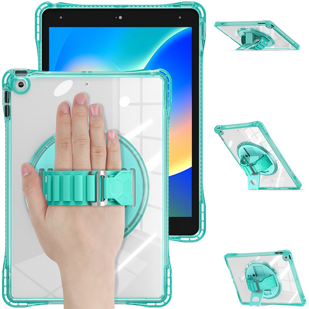 For iPad 10.2 (2021) / (2020) Case Hand Strap Kickstand PC+TPU+Acrylic Clear Tablet Cover - Light Green