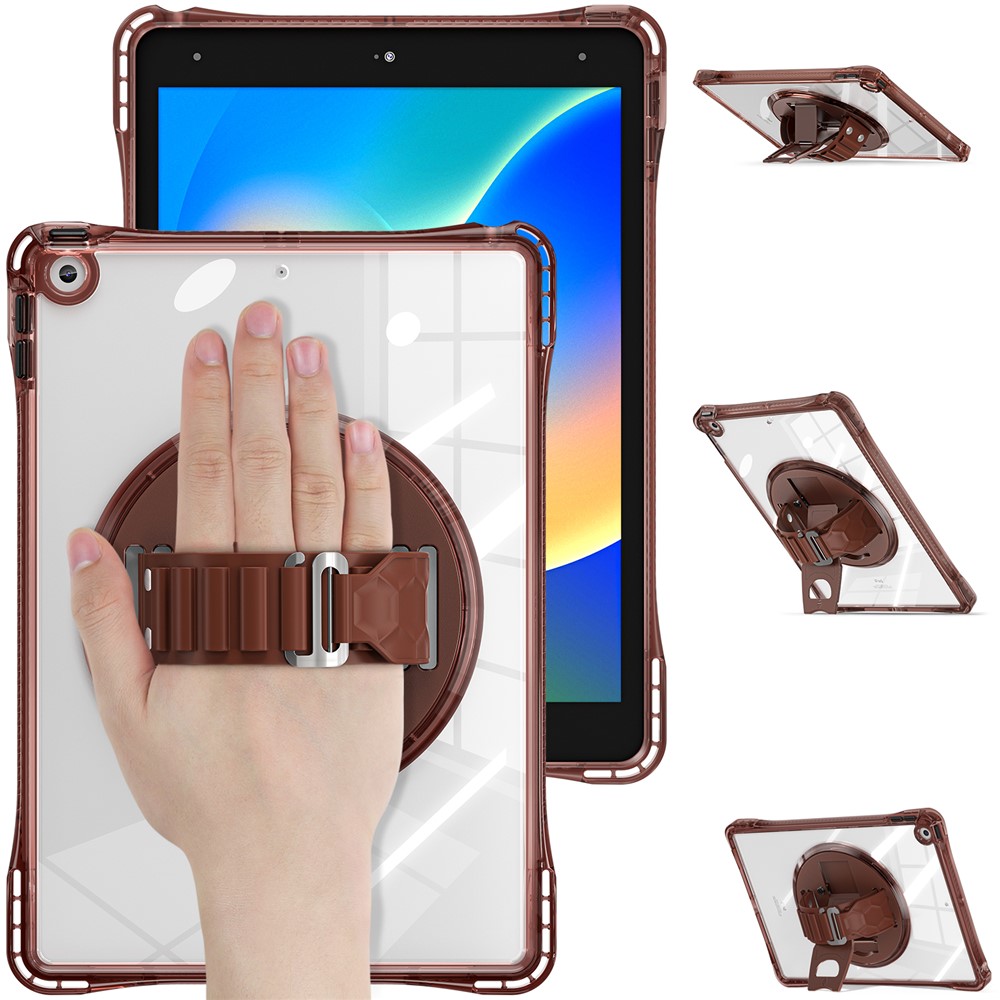 For iPad 10.2 (2021) / (2020) Case Hand Strap Kickstand PC+TPU+Acrylic Clear Tablet Cover - Chocolate