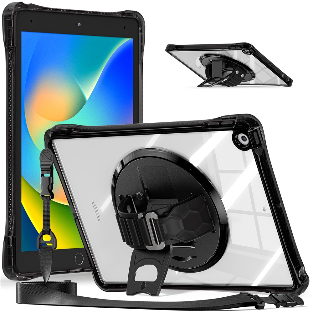 For iPad 10.2 (2021) / (2020) Kickstand Case Hand Strap PC+TPU+Acrylic Cover with Shoulder Strap - Black