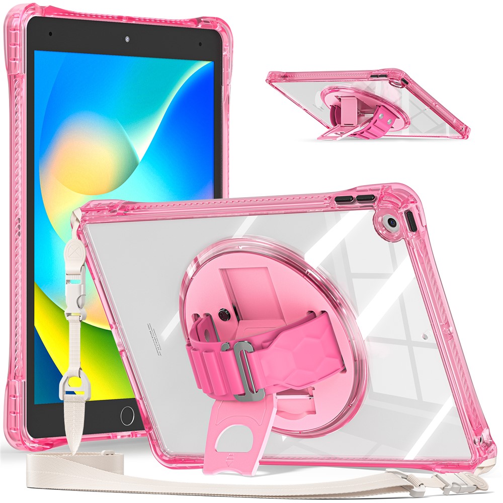 For iPad 10.2 (2021) / (2020) Kickstand Case Hand Strap PC+TPU+Acrylic Cover with Shoulder Strap - Rose