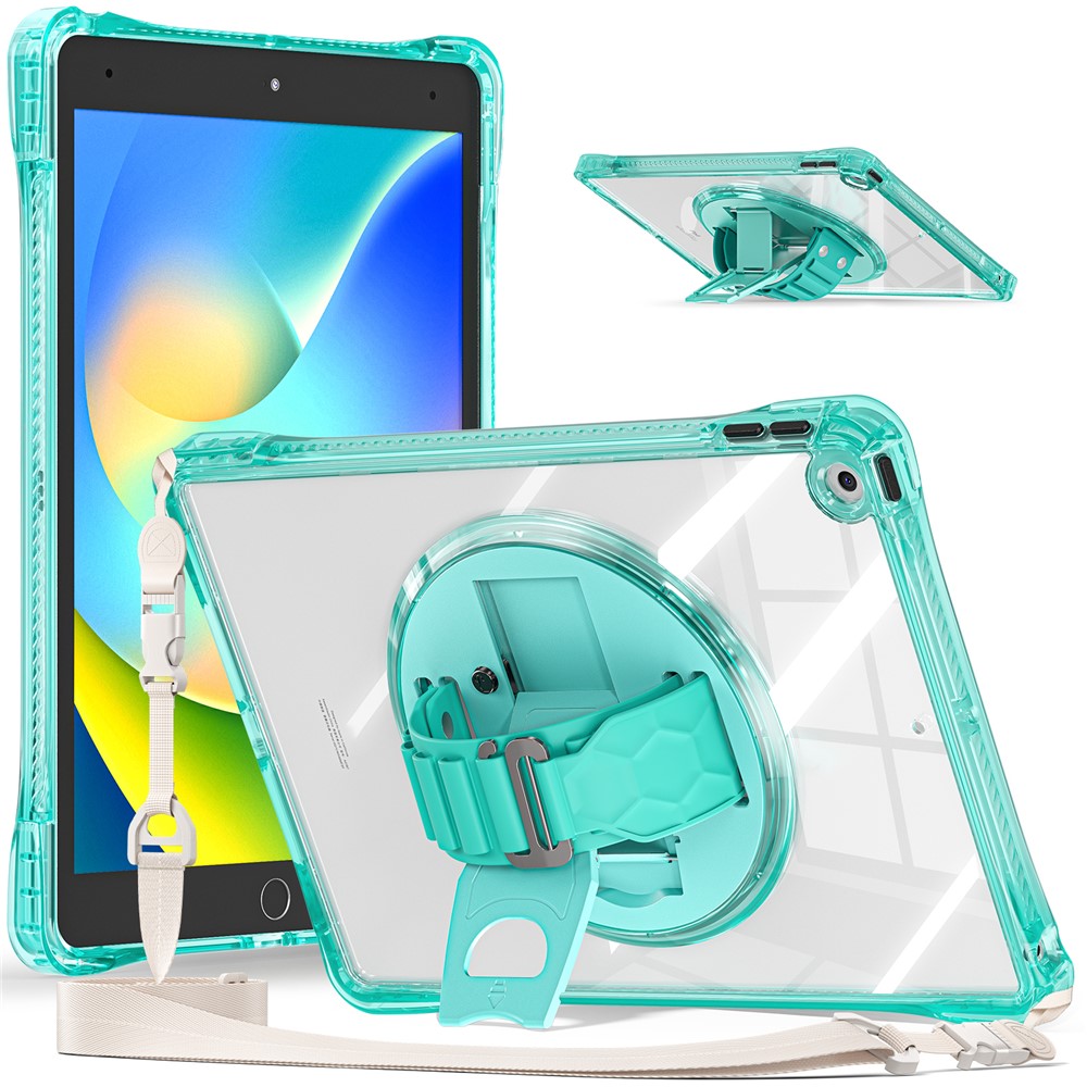 For iPad 10.2 (2021) / (2020) Kickstand Case Hand Strap PC+TPU+Acrylic Cover with Shoulder Strap - Light Green