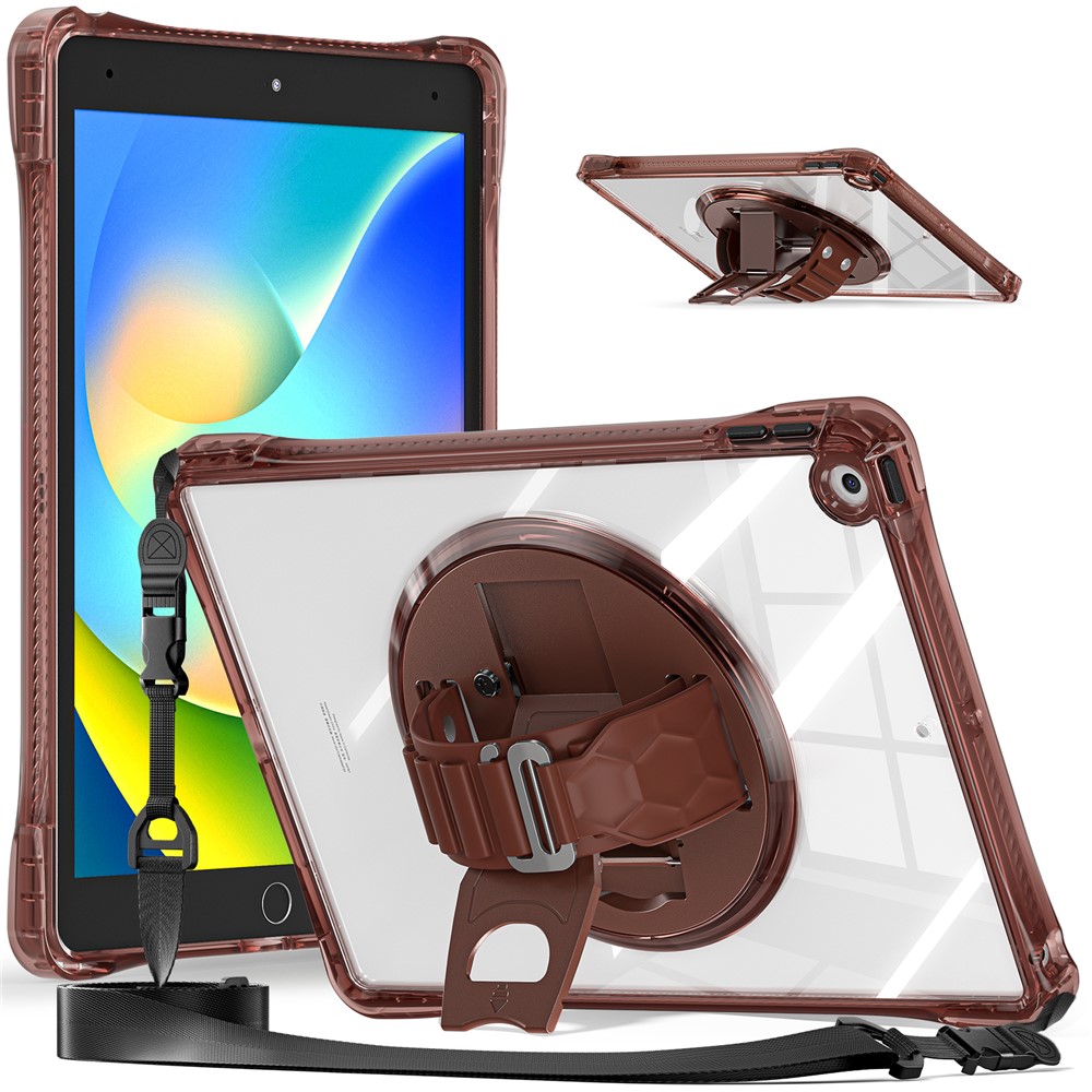 For iPad 10.2 (2021) / (2020) Kickstand Case Hand Strap PC+TPU+Acrylic Cover with Shoulder Strap - Chocolate