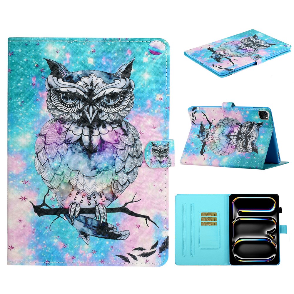 For iPad Pro 11 (2025) / 11 (2024) Case Pattern Printed Leather Tablet Cover Stand Pen Holder - Owl