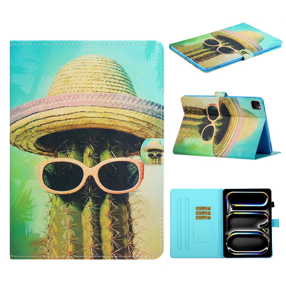 For iPad Pro 11 (2025) / 11 (2024) Case Pattern Printed Leather Tablet Cover Stand Pen Holder - Cactus
